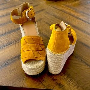 Leather mustard yellow wedge sandals
